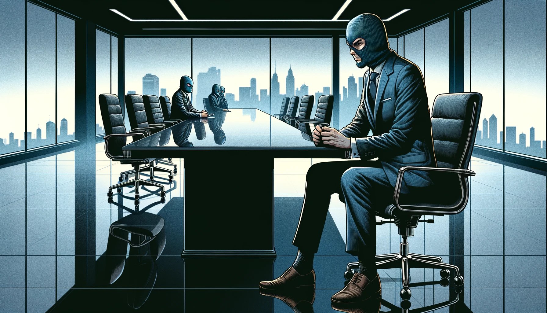 papermaster DALL·E 2024-02-09 17.35.58 - Re-envisioning the previously depicted bank robber character, now placed in a corporate environment. The character is wearing a sharp, modern business