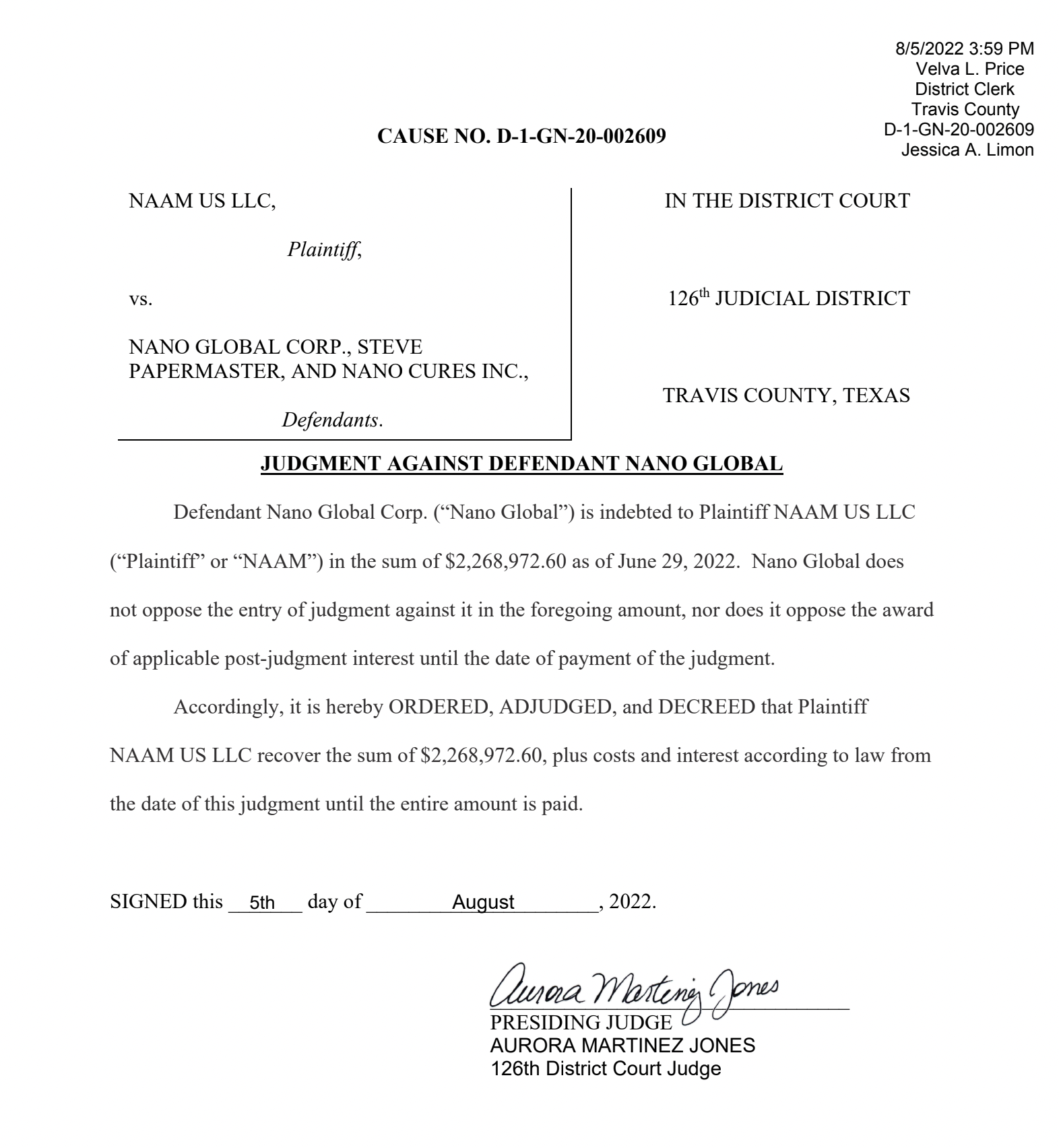 NAAM US LLC v Steve Papermaster, Nano Global Inc – judgment order